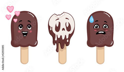 Ice cream Cartoon character. Vector illustration, Sticker set, kawaii image	