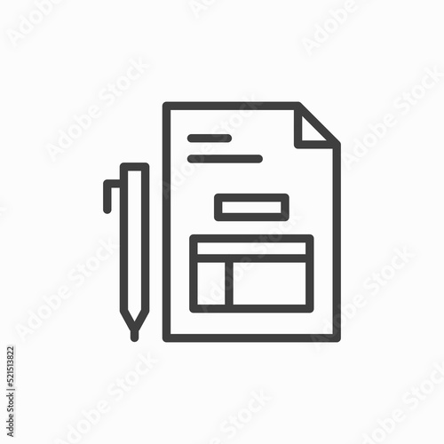 Document with pen icon in flat style. Notepad vector illustration on white isolated background. Office stationery business concept.