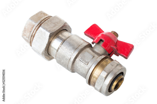 Brass ball valve with red handle for heating systems on a white background