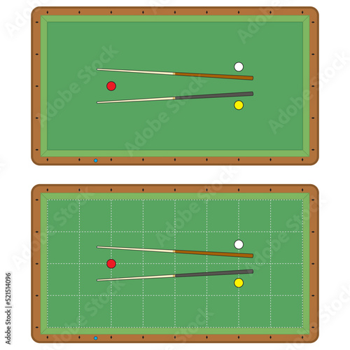 Billiard table, pool stick and billiard balls for game. Pool table with triangle, balls and cua top view