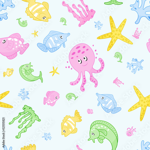 sea ​​animals seamless pattern banner on blue background