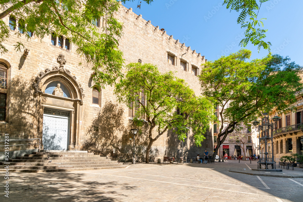 The Sant Pere de les Puelles Catholic church in the Plaza de San Pedro, or Placa Sant Pere, in the El Born Gothic quarter of Barcelona, Spain.