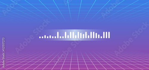 Virtual reality technology and sound wave on blue purple futuristic background flat vector illustration.