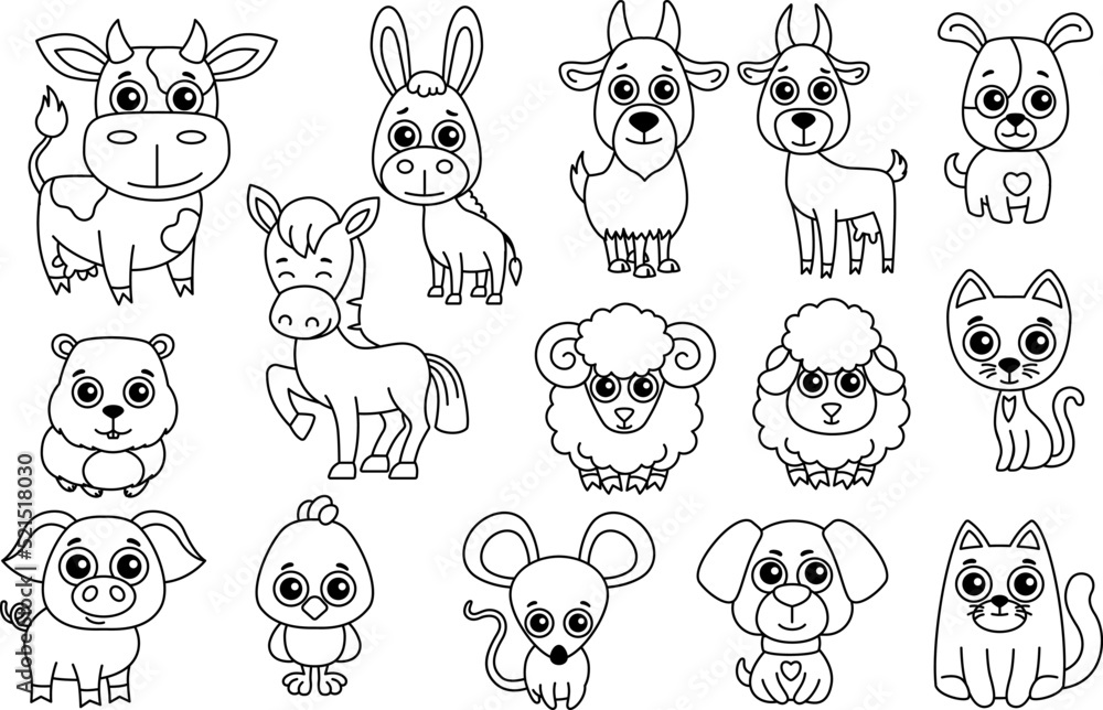 Set of cute black and white farm animals in a cartoon style for laser