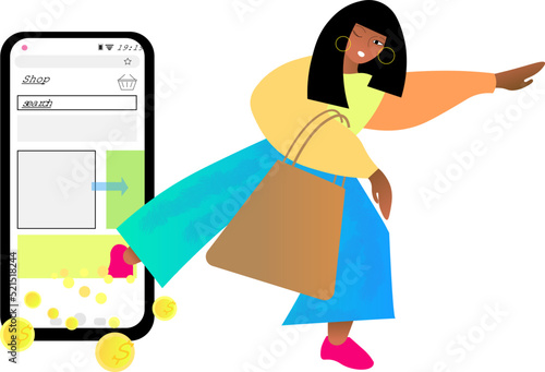 Black woman stepping out from a phone with cash and money online shopping as a costumer web service