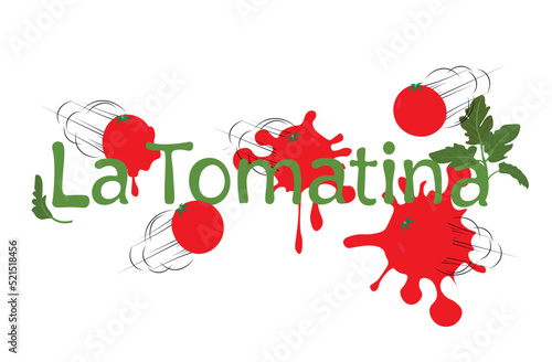 Traditional Spanish festival La Tomatina . In August in the Spanish city of Bunyola, Valencia. The annual Battle of Tomatoes festival. Vector stock illustration. Isolated on a white background. photo