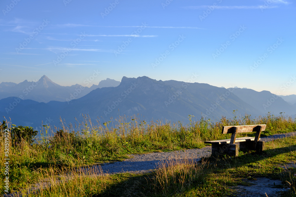 Panoramic sunny view from the Gaisberg on a fine sunday afternoon, Salzkammergut, Austria.