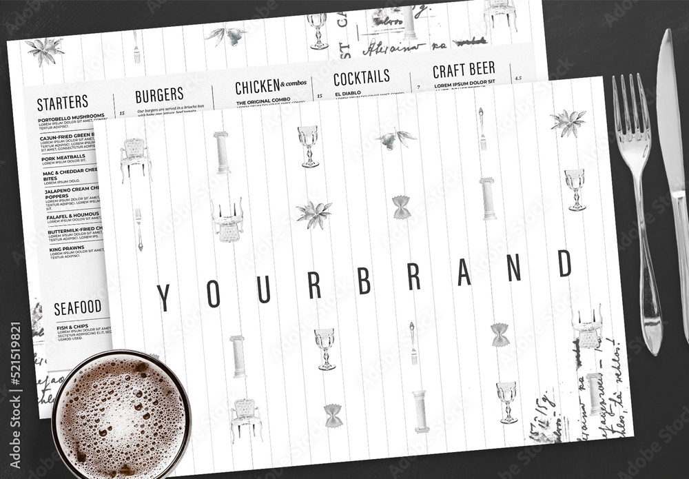 Landscape Table Mat Menu Layout with Contemporary Vintage Style Stock