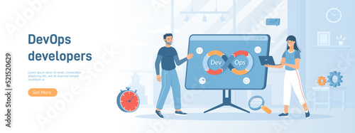DevOps developers work with automation process in shape of infinity sign. Software development. Flat concept great for social media promotional material. Website banner on white background.