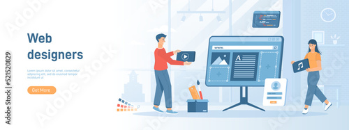 Web designers work on computer interface. Developing web page, organization website, create layout. Flat concept great for social media promotional material. Website banner on white background.