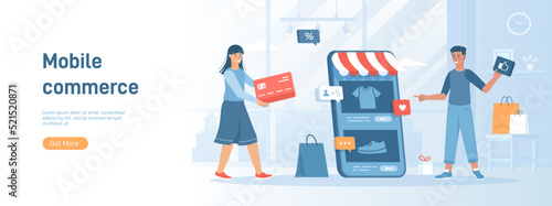 Mobile commerce. Shopper chooses products in online store and makes purchases and activities in application. Flat concept great for social media promotional material.Website banner on white background
