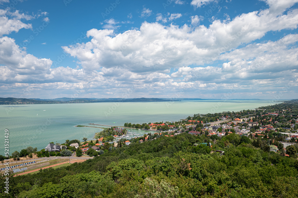 View from a hill of harbour and village of Fonyód, along Lake Balaton in Hungary