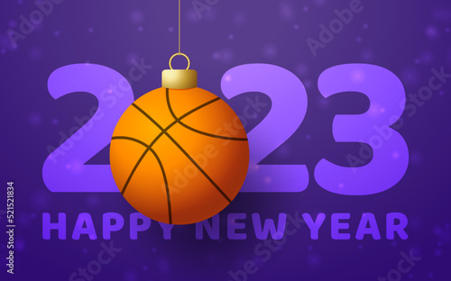 Basketball 2023 Happy New Year. Sports greeting card with golden basketball ball on the luxury background. Vector illustration. © lunarts_studio