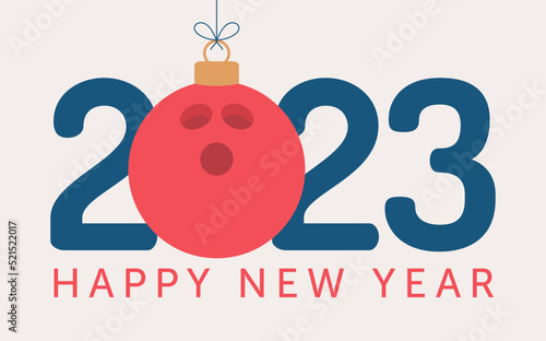 Bowling 2023 Happy New Year. Sports greeting card with bowling ball on the flat background. Vector illustration.