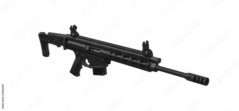 Modern automatic rifle isolated on white. Weapons for police, special forces and the army. Automatic carbine with mechanical sights.