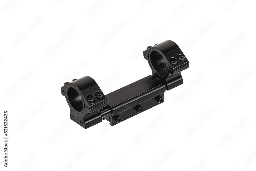 Naklejka premium Quick disconnect mount made for holding a scope on a rifle isolated on white back. Quick Release Sniper Cantilever Scope Mount.