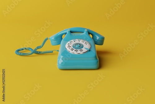 Side view of a turquoise retro telephone with a dial of numbers. Concept of using retro items, back to the past. 3d render, 3d illustration