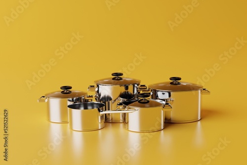 Steel pots isolated on the background. The concept of buying pots and kitchen equipment. 3D rendering, 3D illustration.