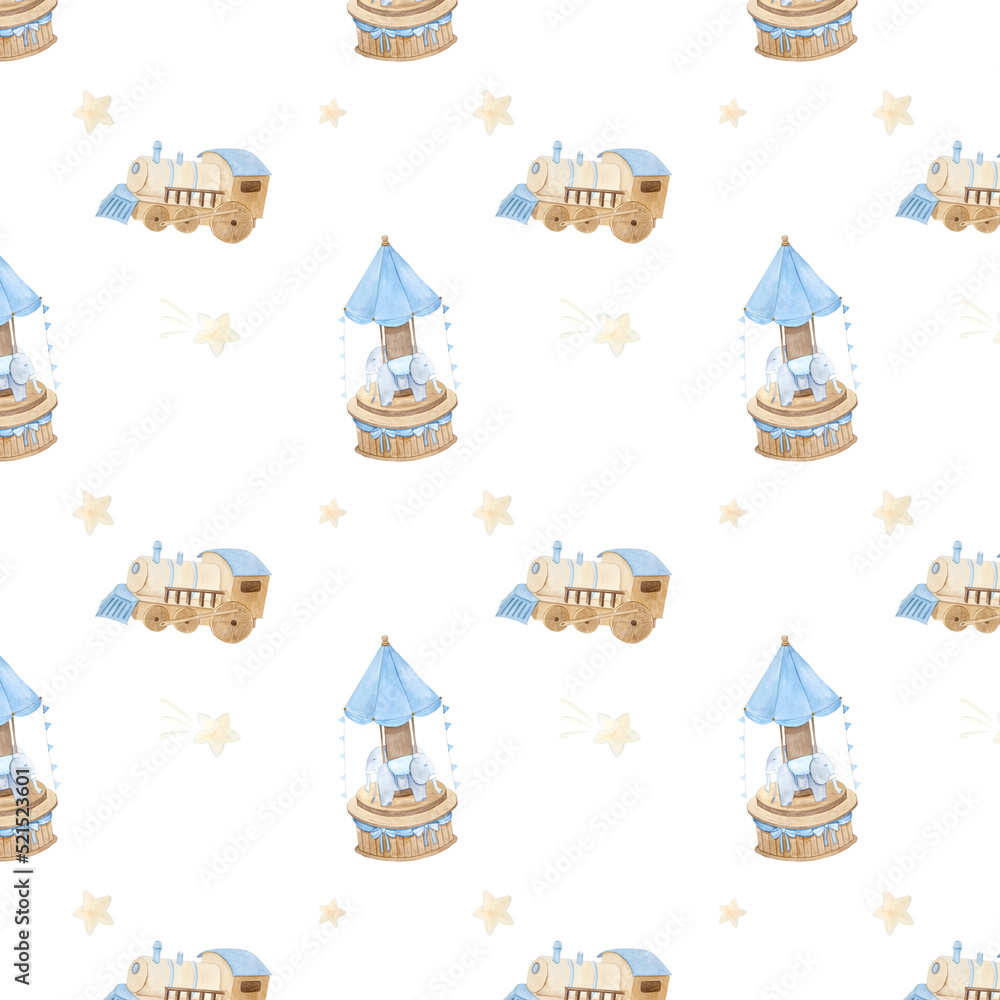 Watercolor pattern depicting vintage cute fairy tale children's toys and stars