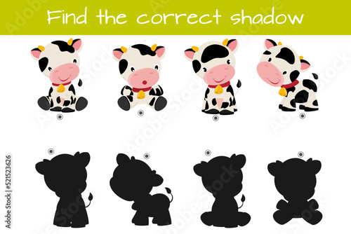 Find correct shadow. Kids educational logic game. Cute funny bull. Vector illustration isolated on white background.