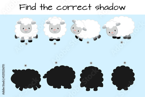 Find correct shadow. Kids educational logic game. Cute funny sheep. Vector illustration isolated on white background.