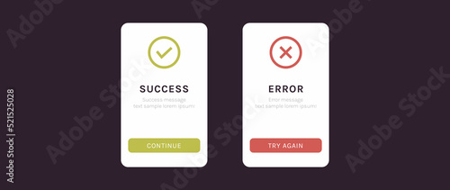 Success and error message ui screen and approved and rejected ux web elements flat vector illustration.