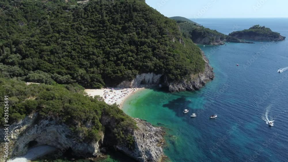 Aerial view of Rovinia Beach in Liapades Corfu Greece Aerial view of Rovinia Beach in Liapades Corfu Greece