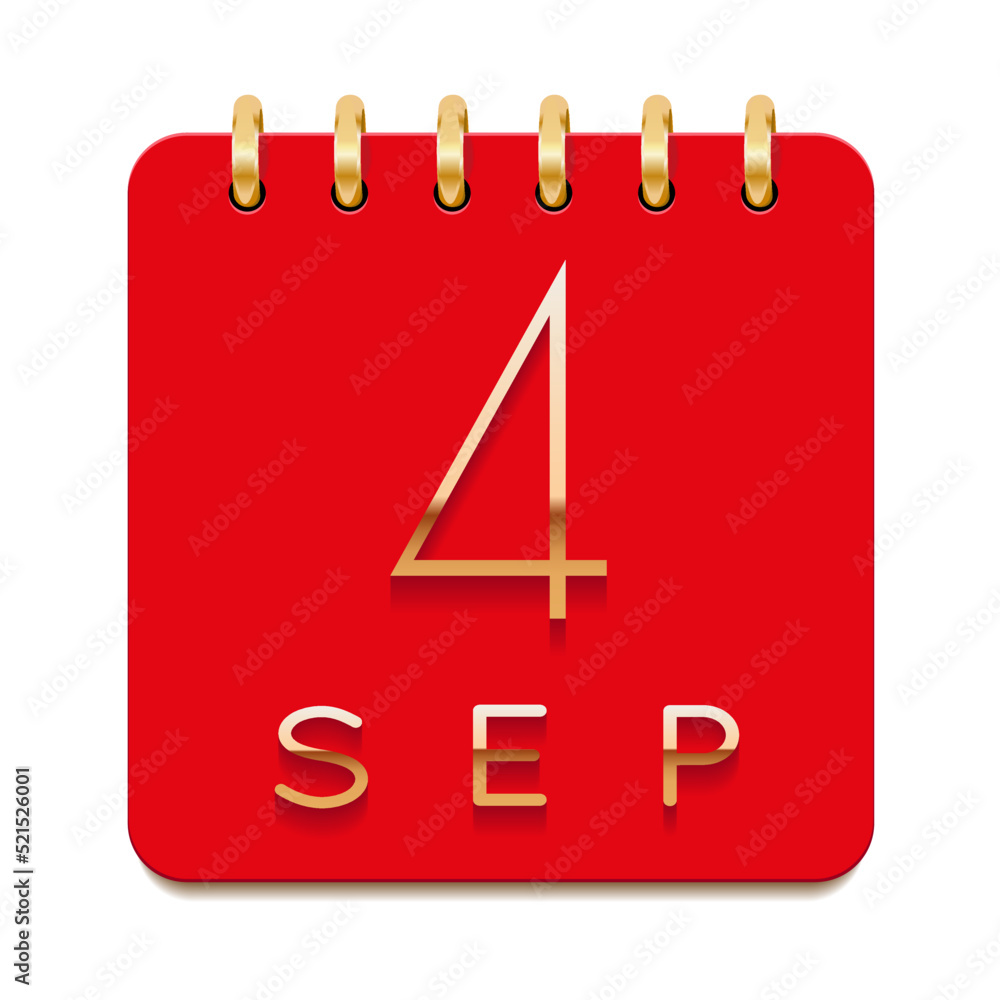 4 day of the month. September. Luxury calendar daily icon. Date day week Sunday, Monday, Tuesday, Wednesday, Thursday, Friday, Saturday. Gold text. Red paper. Vector illustration. 4 day of the month. September. Luxury calendar daily icon. Date day week Sunday, Monday, Tuesday, Wednesday, Thursday, Friday, Saturday. Gold text. Red paper. Vector illustration.