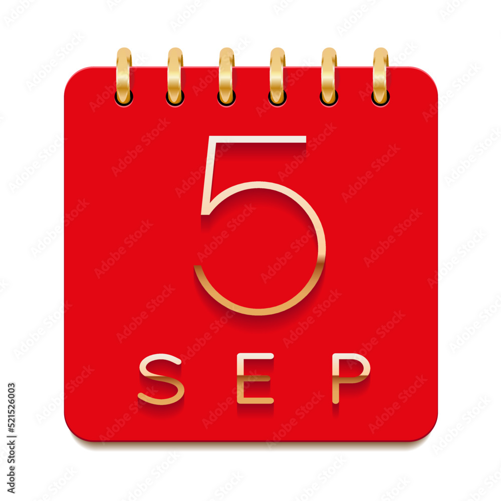 5 day of the month. September. Luxury calendar daily icon. Date day week Sunday, Monday, Tuesday, Wednesday, Thursday, Friday, Saturday. Gold text. Red paper. Vector illustration. 5 day of the month. September. Luxury calendar daily icon. Date day week Sunday, Monday, Tuesday, Wednesday, Thursday, Friday, Saturday. Gold text. Red paper. Vector illustration.