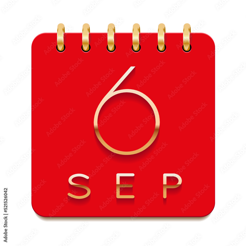 6 day of the month. September. Luxury calendar daily icon. Date day week Sunday, Monday, Tuesday, Wednesday, Thursday, Friday, Saturday. Gold text. Red paper. Vector illustration. 6 day of the month. September. Luxury calendar daily icon. Date day week Sunday, Monday, Tuesday, Wednesday, Thursday, Friday, Saturday. Gold text. Red paper. Vector illustration.