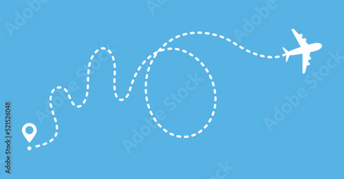 Airplane line path. Air plane flight route with loops. Travel concept vector illustration isolated on blue background.
