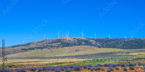 field of wind energy turbines on the mountain.wide angle landscape.