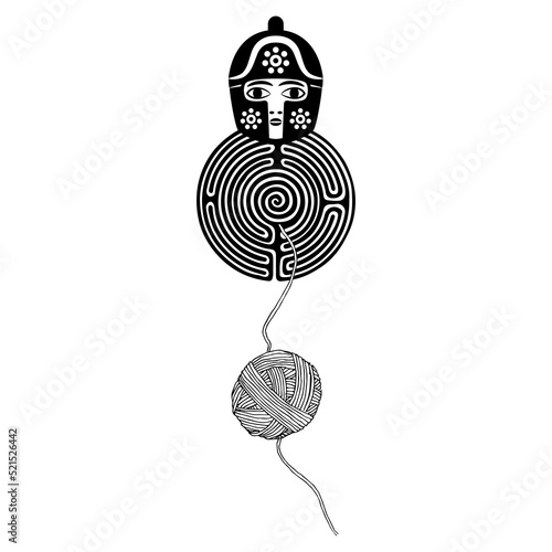 Head of ancient Greek hero in a helmet on top of a round spiral maze or labyrinth symbol and a yarn ball. Ariadne's thread. Creative mythological concept. Black and white silhouette.