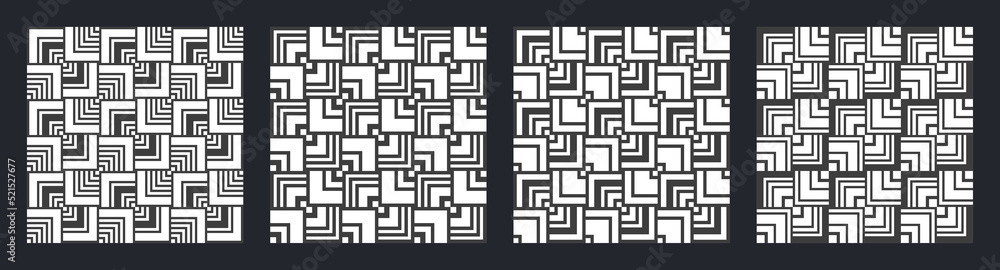 Set of four seamless vector patterns. Abstract geometric trendy vector pattern collection. Modern stylish textures, geometric tiles with striped elements. Black and white vector backgrounds. Set of four seamless vector patterns. Abstract geometric trendy vector pattern collection. Modern stylish textures, geometric tiles with striped elements. Black and white vector backgrounds.