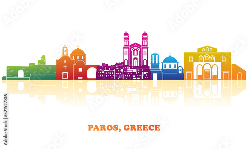 Colourfull Skyline panorama of Paros island, Cyclades, Greece - vector illustration