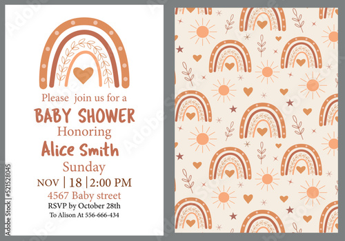 Baby shower invitation card template with coordinated boho rainbow seamless pattern in terracotta, peach and brown 	