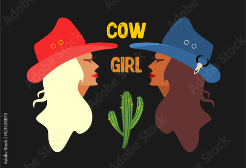 Wild West. Two cowboy girls with a cactus between them. A blonde in a red hat, a brown-haired woman in blue with a bull's skull. Retro illustration. Cowboy mood. Black background.