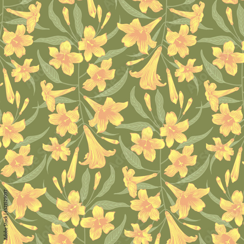 Seamless vector pattern with yellow jasmine and olive green background color.