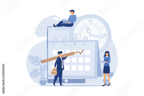 little people characters make an online schedule in the tablet. vector, design business graphics tasks scheduling on a week. flat design modern illustration