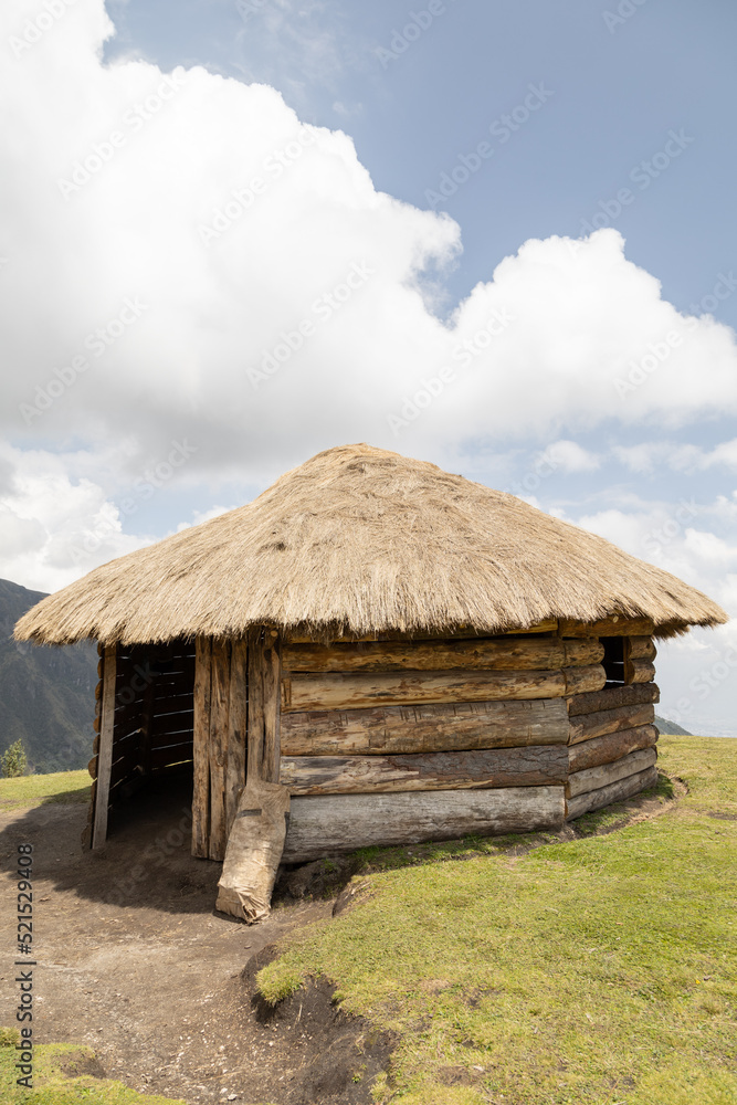 rustic hut with thatched roof and wooden structure, traditional architecture in the countryside, landscape with sky and clouds on a sunny day