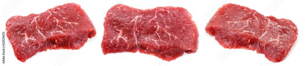 Set of fresh raw beef steak isolated on white background