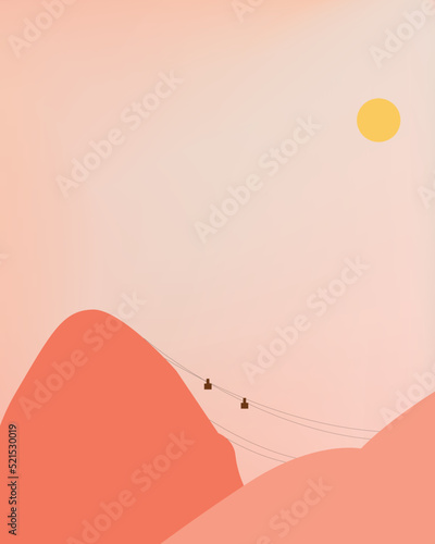 Sunny day in minimalistic illustration showing the Sugar Loaf Mountain in Rio de Janeiro, Brazil. Sunny day with pink mountains and pink sky. Feminine and delicate poster.
