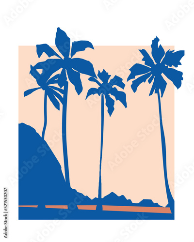 Silhouette of palm trees on the beach at sunset with sea and mountain. Summer minimalistic illustration.