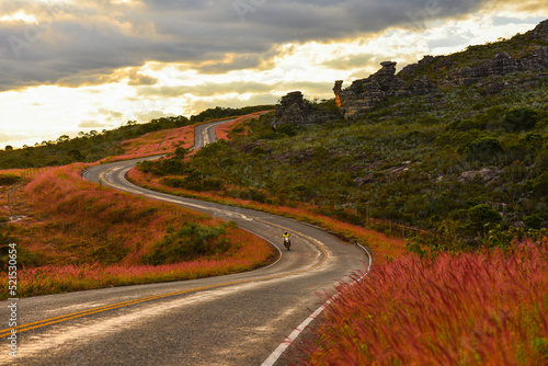 Late afternoon on the winding mountain road through the rugged landscape of the Serra do Espinhaço range, between the towns of Serro and Milho Verde, Minas Gerais, Brazil photo