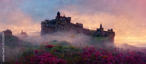 Explore imaginative Scottish castles and ruins in dreamy surrealism, scenic background mountain landscapes in cloudy emotive fog. Enchanted highlands and fantasy colors - digital paint stylization.