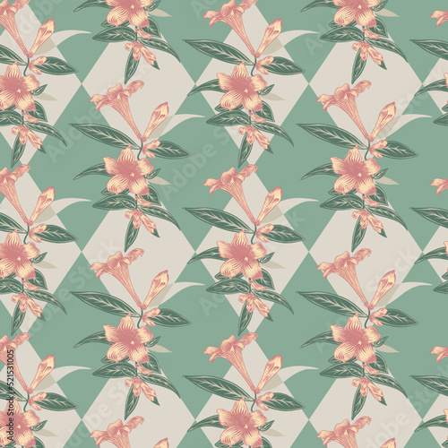 Seamless vector pattern with pink jasmine flower on green diamonds background.