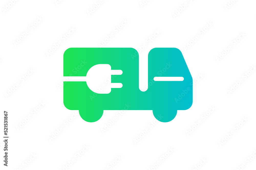 Electric delivery truck icon. Green gradient cable electrical lorry silhouette and plug charging symbol. Eco friendly electro vehicle sign concept. Vector battery powered transportation illustration Electric delivery truck icon. Green gradient cable electrical lorry silhouette and plug charging symbol. Eco friendly electro vehicle sign concept. Vector battery powered transportation illustration