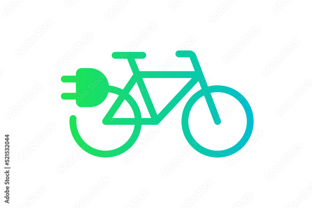 Electric bicycle icon. Green gradient cable electrical bike and plug charging symbol. Eco friendly electro cycle vehicle sign concept. Vector battery powered e-bike transportation eps illustration Electric bicycle icon. Green gradient cable electrical bike and plug charging symbol. Eco friendly electro cycle vehicle sign concept. Vector battery powered e-bike transportation eps illustration