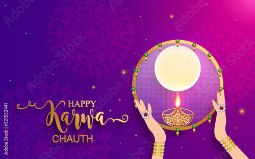 Happy Karwa Chauth festival card with gold patterned and crystals on paper color Background. 