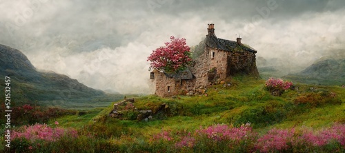 Foto Imaginative Scottish stone wall cottage and enchanted dreamy surrealism